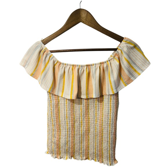 Love + Joy Tops - Love + Joy Striped Smocked Off Shoulder Top Large Peach Yellow Boho Ruffle Crop